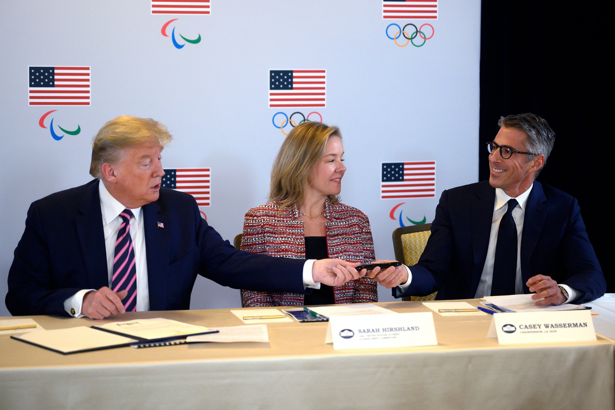 Los Angeles 2028 chairman Casey Wasserman, right, claimed they could not have won their bid to host the Olympic Games for the third time without the support of US President Donald Trump ©Getty Images