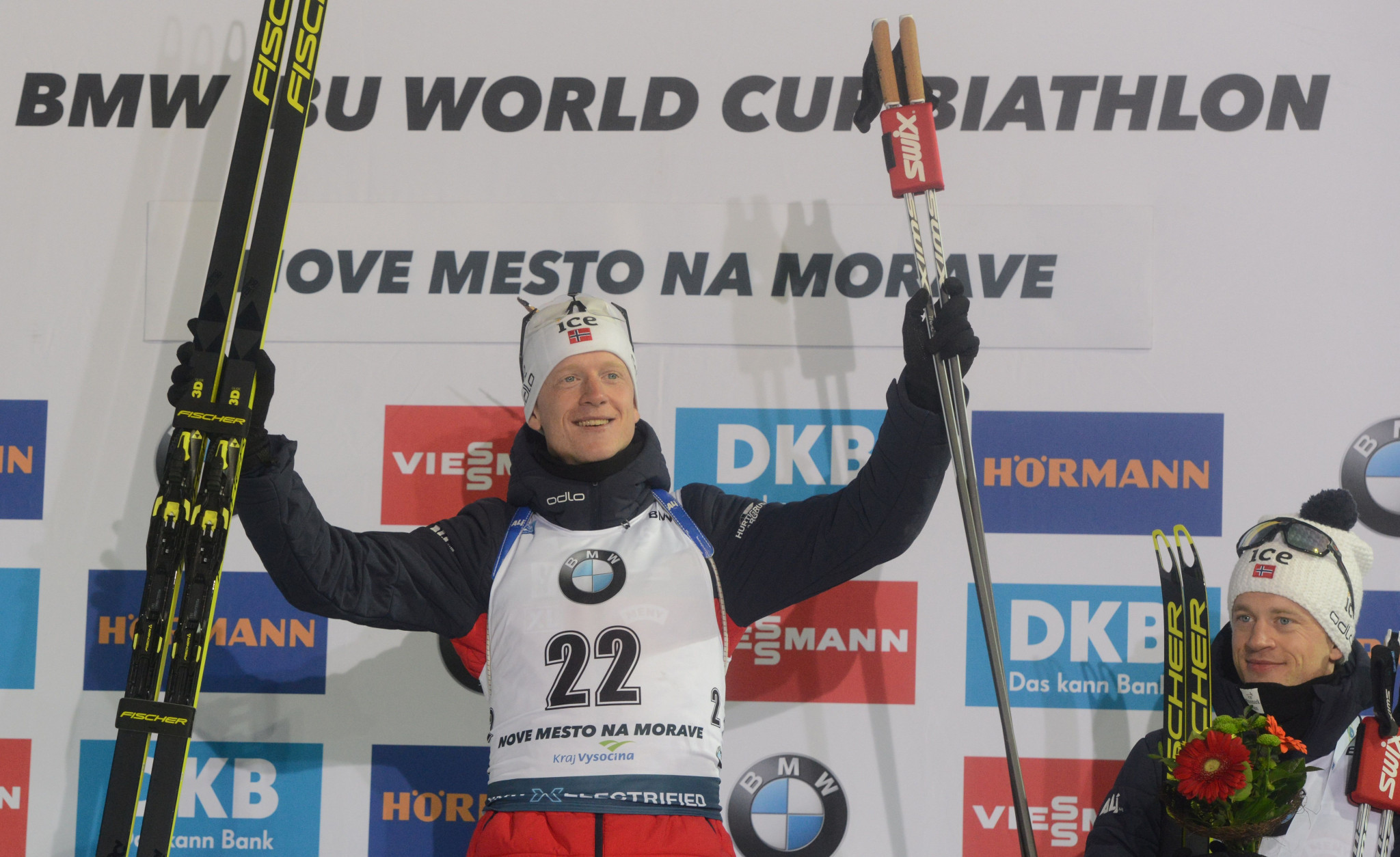 Norway's Johannes Thingnes Bø stands atop the men's 10 kilometres sprint podium at the IBU World Cup in Nové Město na Moravě ©Getty Images