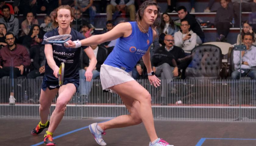 Egypt's Nour El Sherbini defeated Millie Tomlinson of England to reach the Black Ball Squash Open third round ©PSA