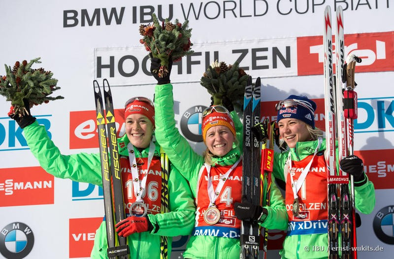 Germany's Franziska Hildebrand secured her maiden IBU World Cup title as Germany swept the podium in the women's 7.5km sprint event ©IBU