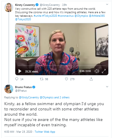 Bruno Fratus replied to Kirsty Coventry's recorded message on Twitter ©Kirsty Coventry/Twitter