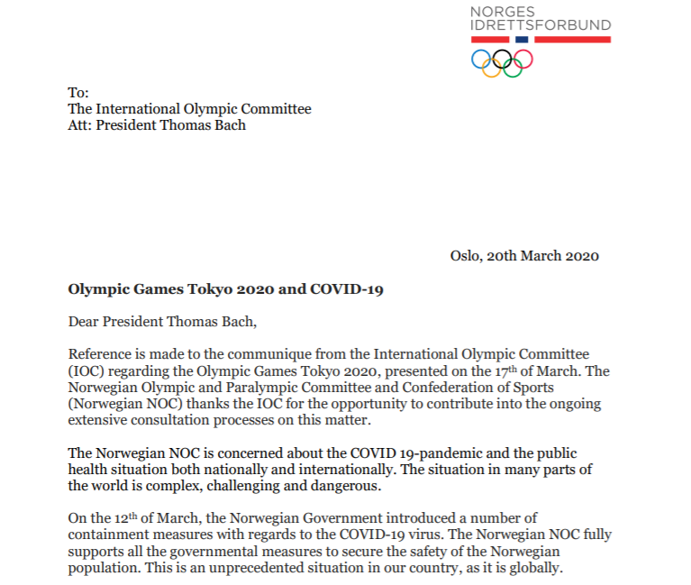 The Norwegian NOC have written to IOC President Thomas Bach to express concern over the pandemic ©Norwegian NOC