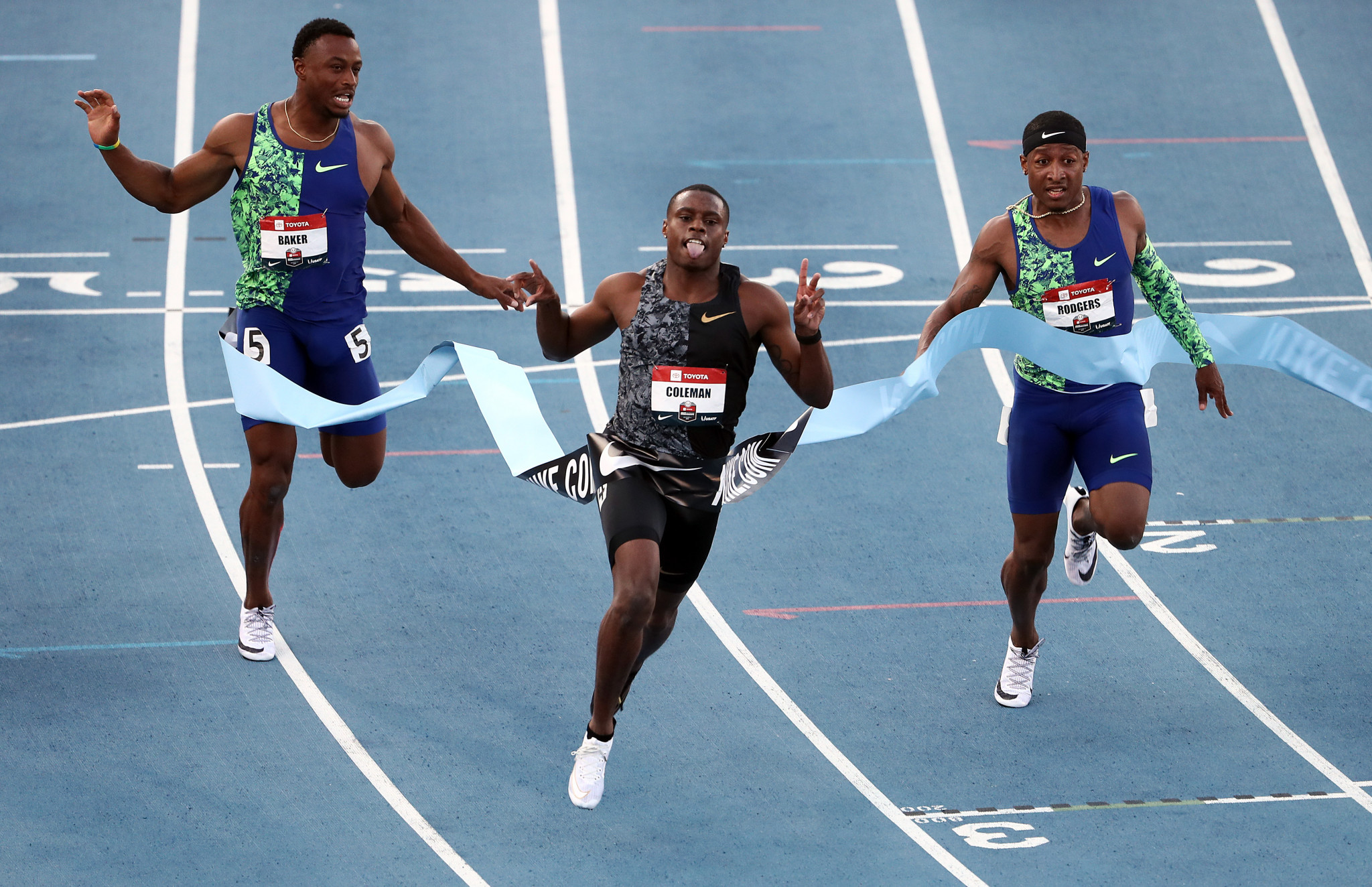 Christian Coleman, centre, is the American 100 metres champion and one of the sport's biggest attractions ©Getty Images