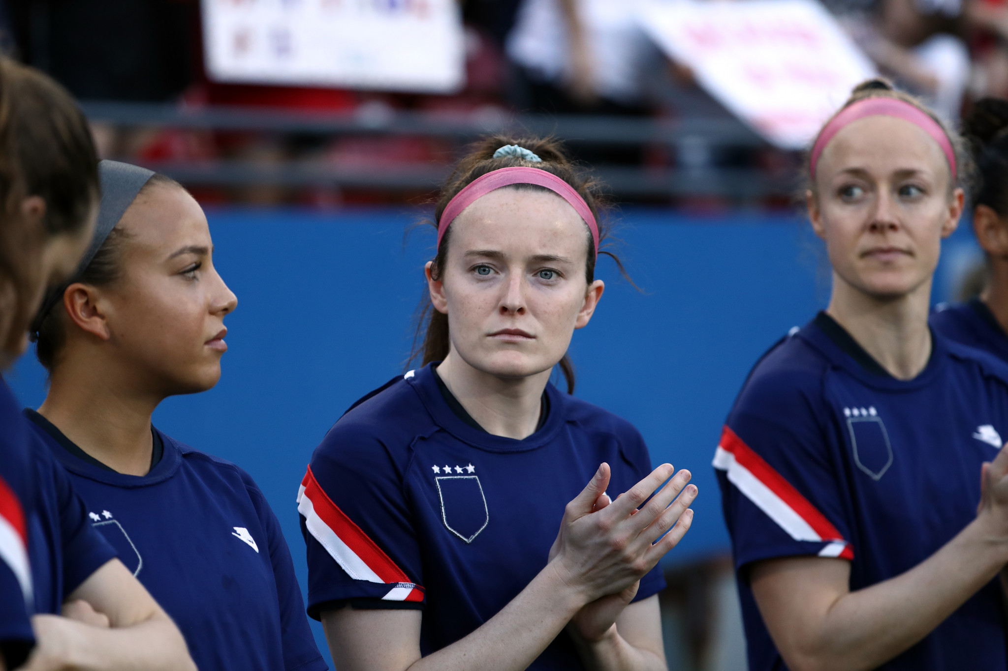 The US women's football team protested by turning their training tops inside-out during the warm-up before their SheBelieves Cup match with Japan ©Getty Images