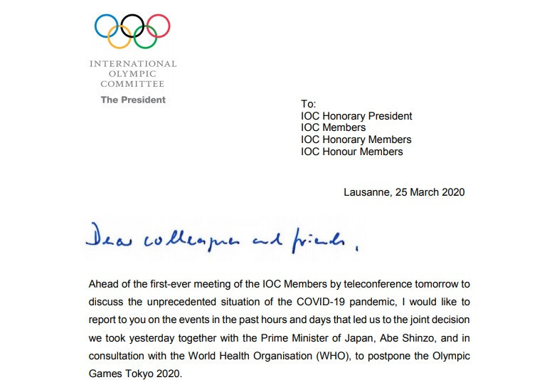 The IOC President has written to the organisation's members following the postponement of Tokyo 2020 ©IOC