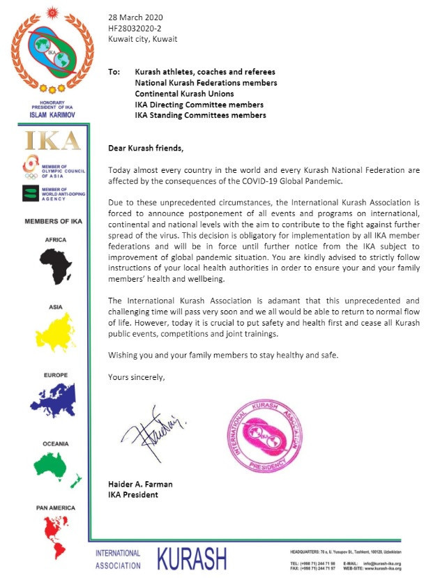 The International Kurash Association wrote a letter to the Kurash community following its decision to postpone all events for the foreseeable future because of the coronavirus pandemic ©IKA