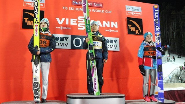Sara Takanashi earned gold in the women's competition with two strong jumps ©FIS