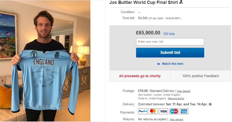 Cricket World Cup winner auctions shirt from final to raise money to fight coronavirus