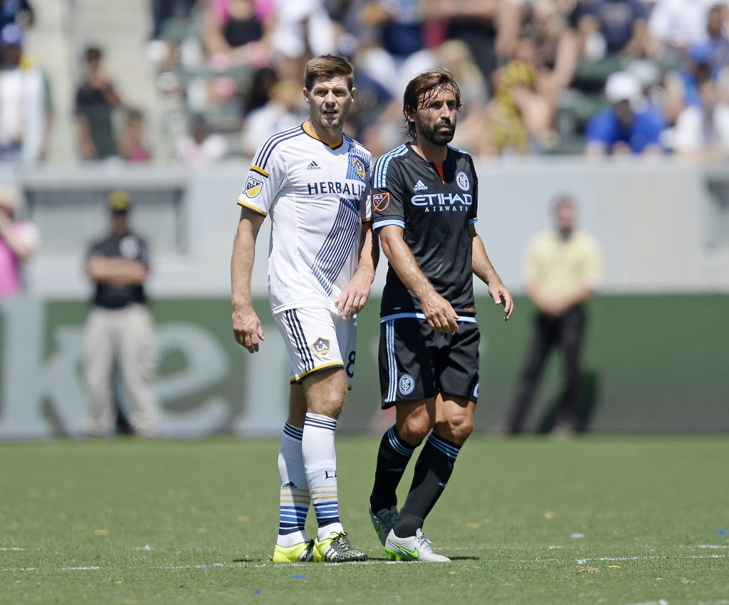 Los Angeles Galaxy footballer Steven Gerrard, left, and New York City's Andrea Pirlo, right, have been blocked from featuring in Kuwait ©Getty Images 