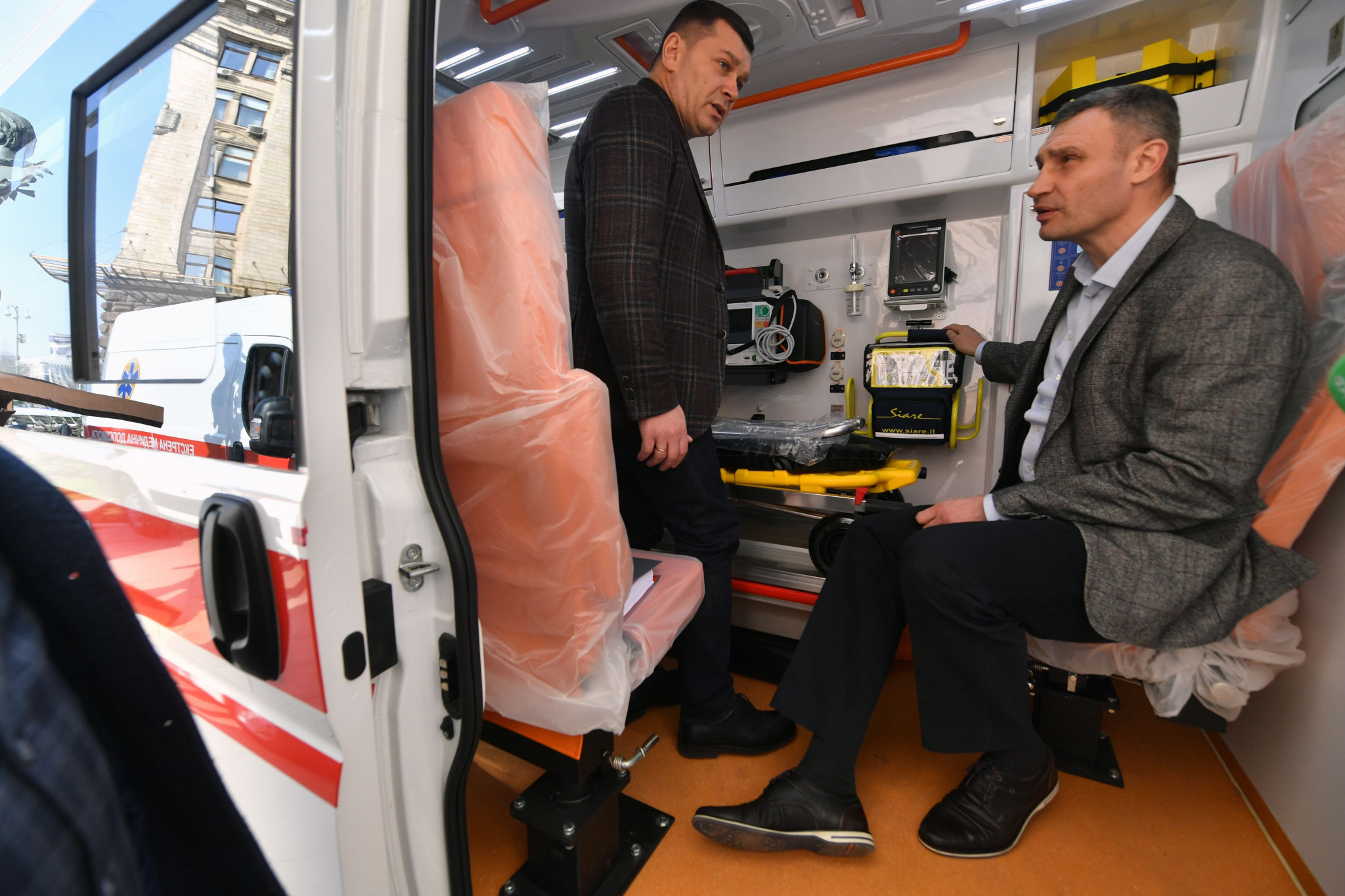 Vitali Klitschko inspects one of 39 new ambulances helping to battle coronavirus in Kyiv ©Getty Images