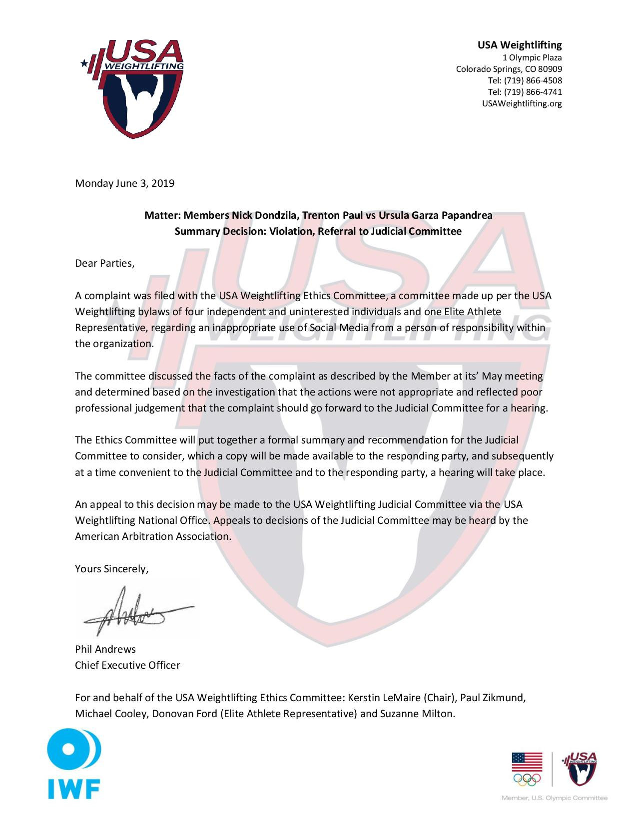 The letter sent by USA Weightlifting informing complainants of its Ethics Committee