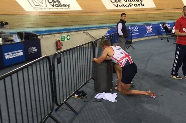 Olympic and world champion Alex Gregory becomes suddenly interested in a bin shortly after completing his 2000m stint at last weekend's British Rowing Indoor Championships at the Lee Valley Velopark ©Twitter