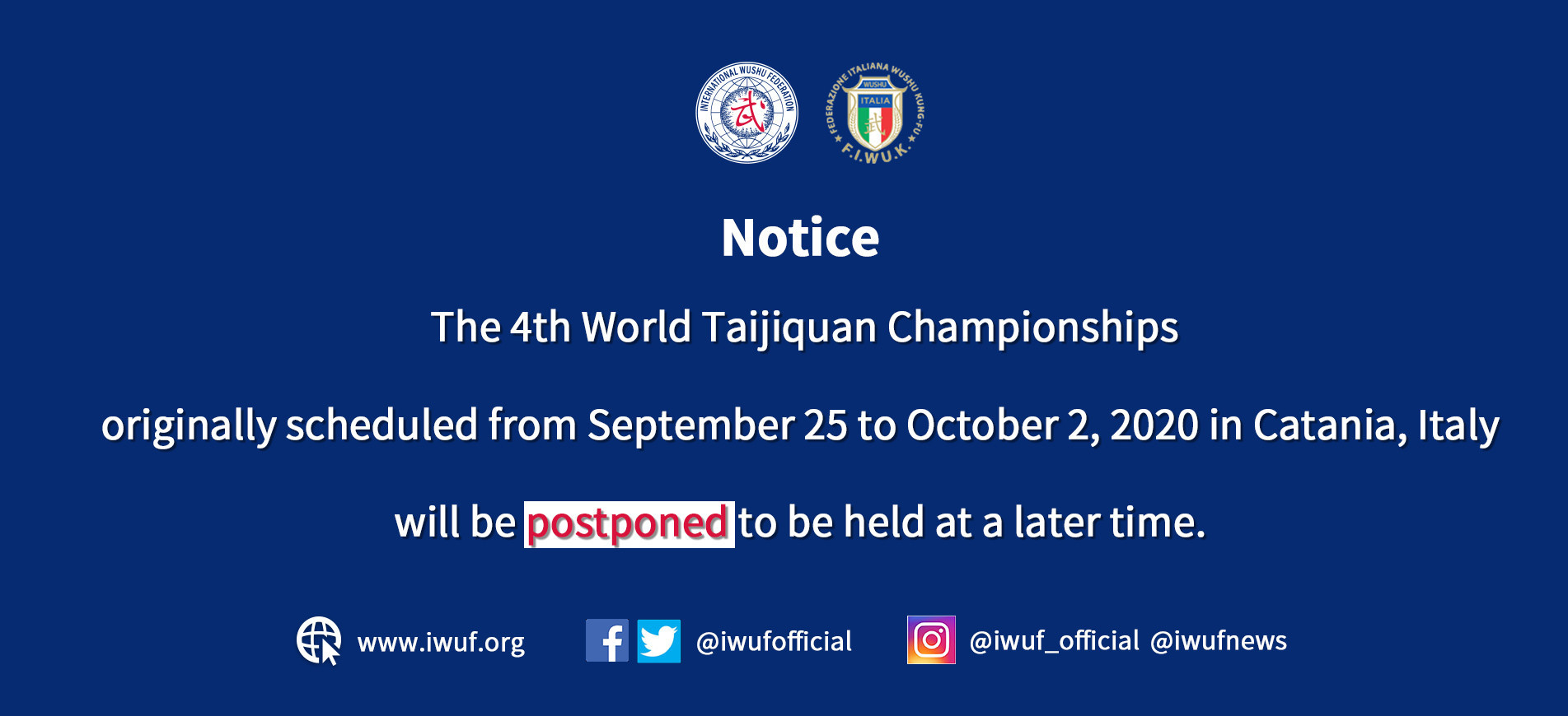 International Wushu Federation postpones World Taijiquan Championships