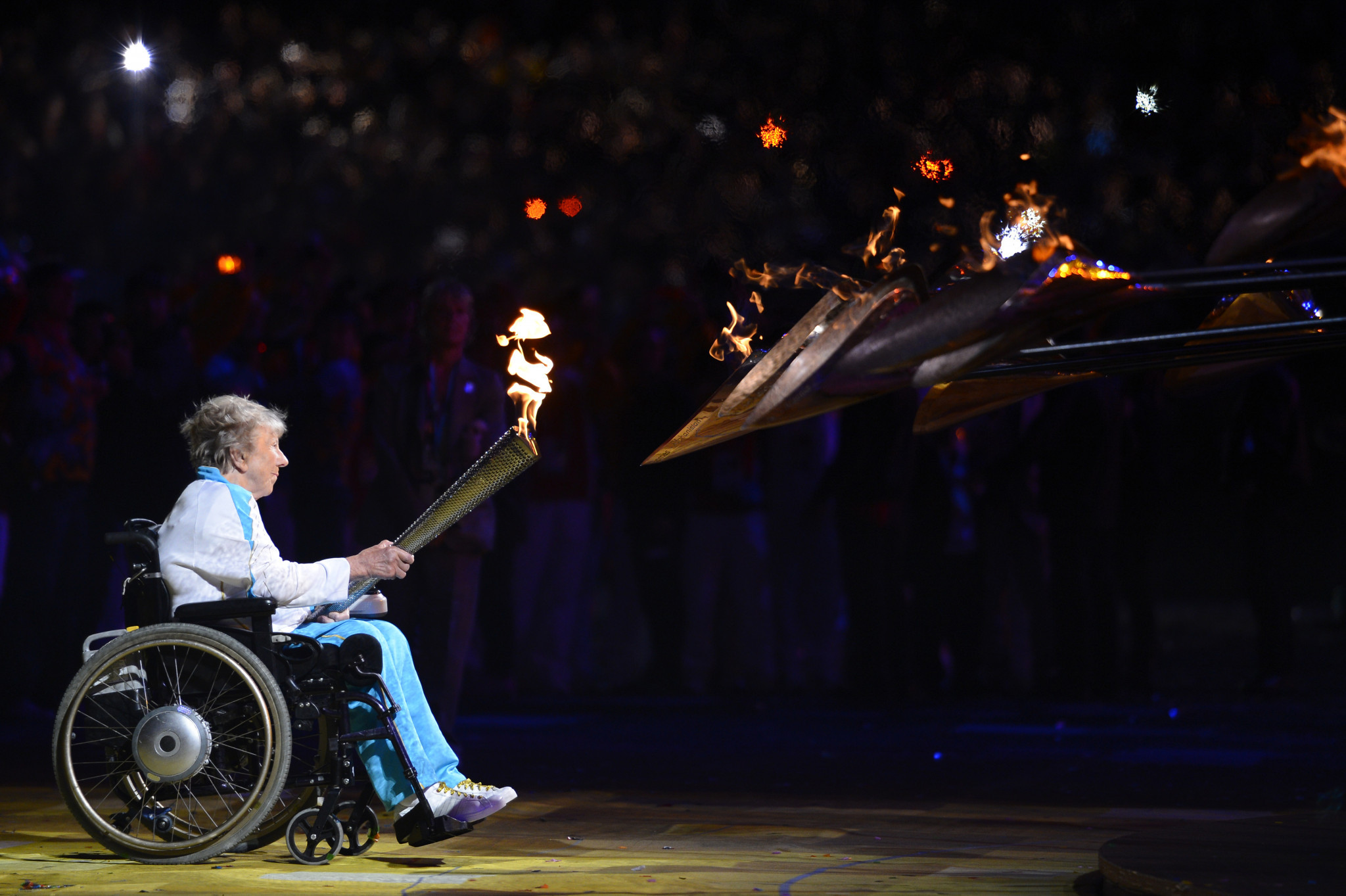 Margaret Maughan lit the Paralympic cauldron at London 2012 ©Getty Images