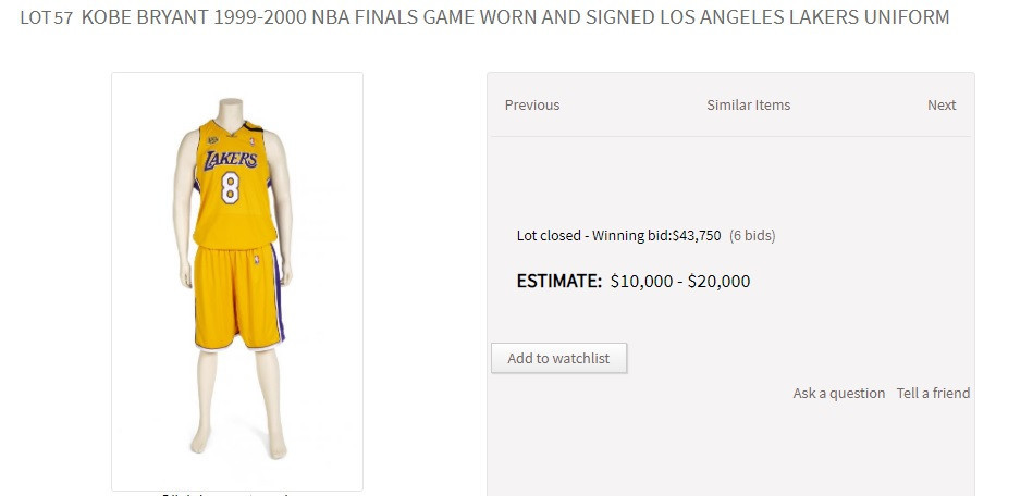 Kobe Bryant's uniforms were also sold during the auction ©Julien's Auctions