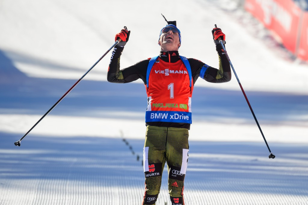 Simon Schempp of Germany celebrates winning the 12.5 kilometres pursuit today in Pokljuka ©Getty Images
