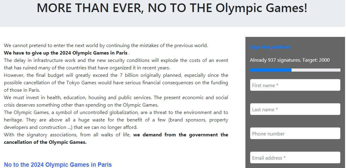 The opposition group has called on the French Government to cancel the Paris 2024 Olympic and Paralympic Games ©NON aux JO2024