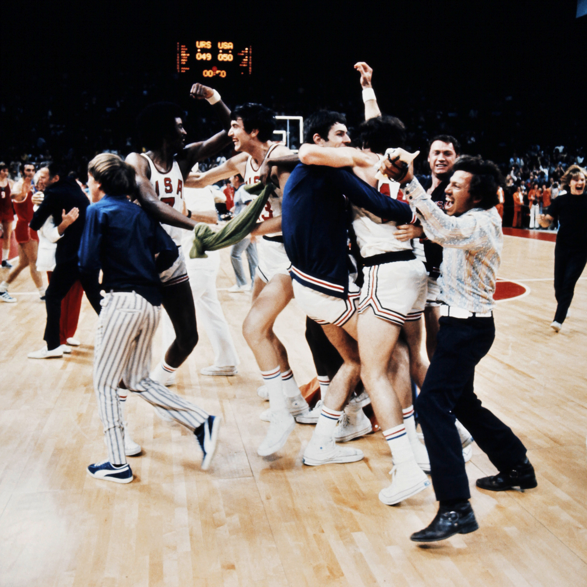 The 1972 United States basketball team celebrate, thinking the had won the gold medal ©Getty Images