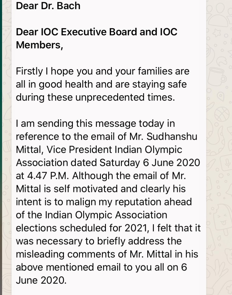 Narinder Batra sent a WhatsApp message to the IOC President and the Executive Board ©ITG
