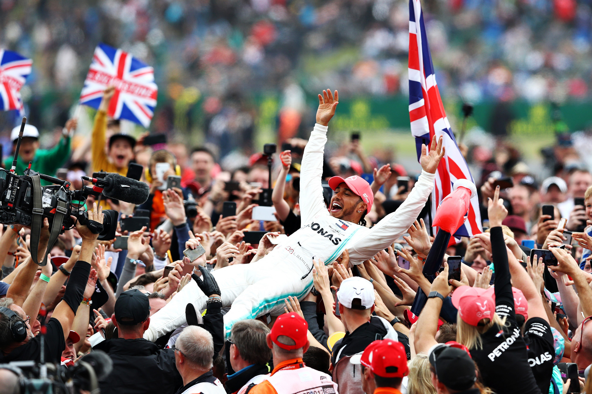 There are due to be two Formula One races at Silverstone in the coming months - but there will be no crowd surfing from Lewis Hamilton this year ©Getty Images