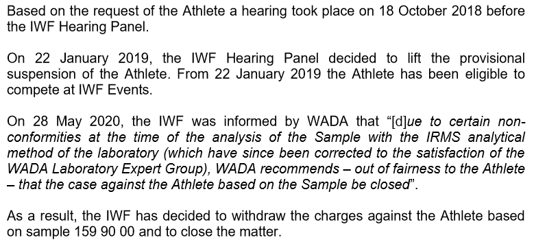 An extract of the letter sent to Sanjita Chanu Khumukcham, clearing the Indian athlete of a doping charge