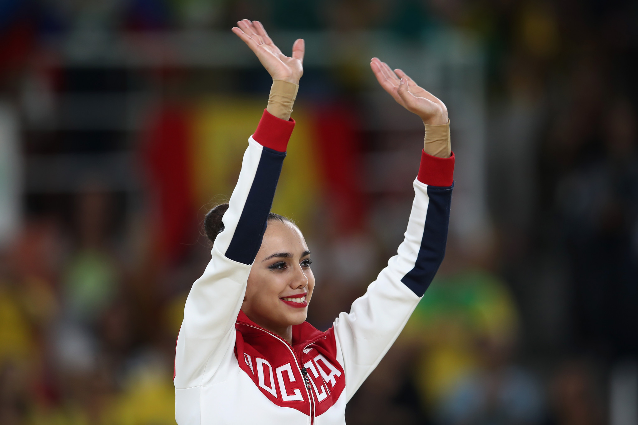 Rhythmic gymnast Margarita Mamun is leading an online exercise routine as part of virtual events on Olympic Day ©Getty Images