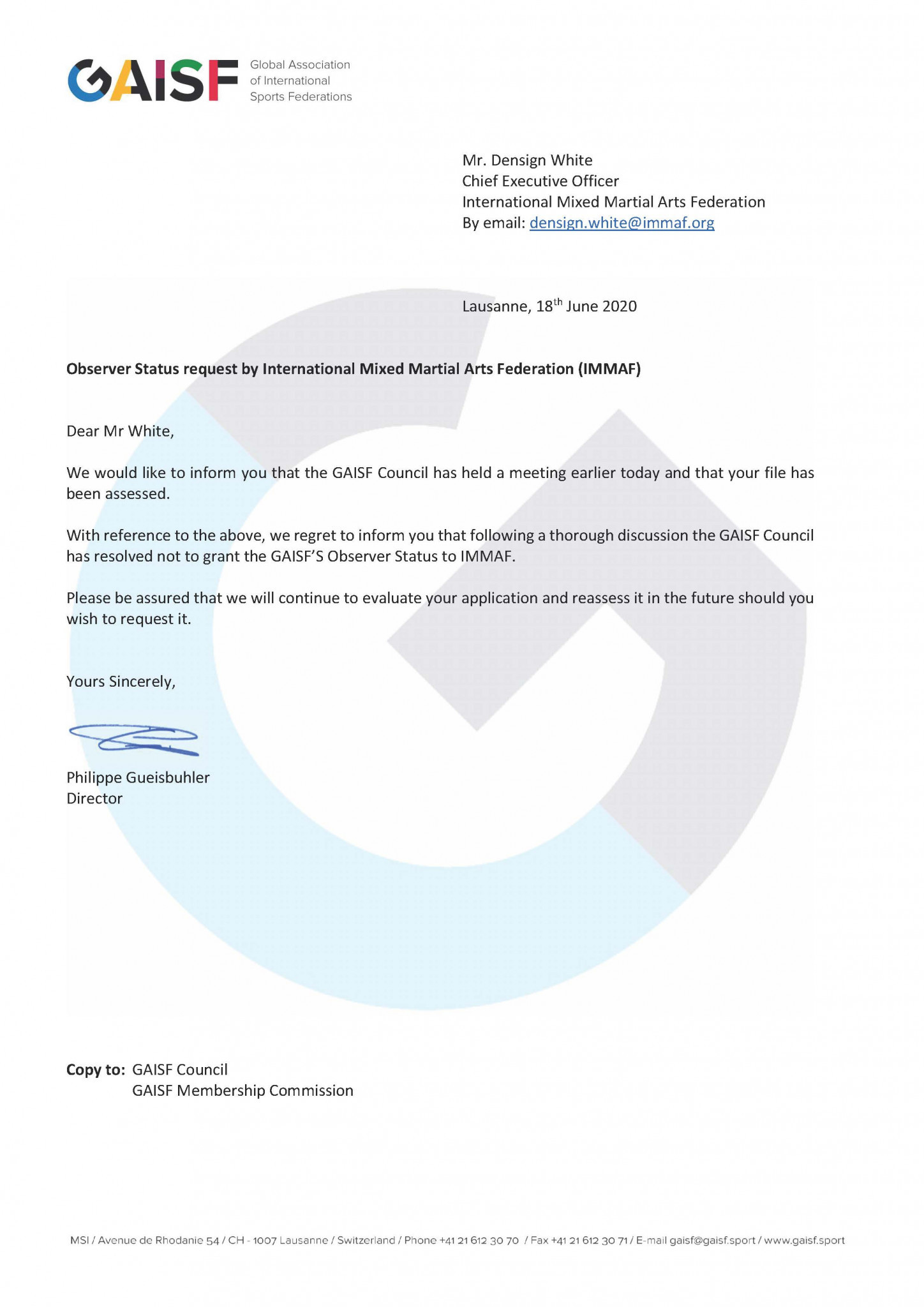The GAISF letter rejecting the IMMAF's latest application for sport recognition ©IMMAF
