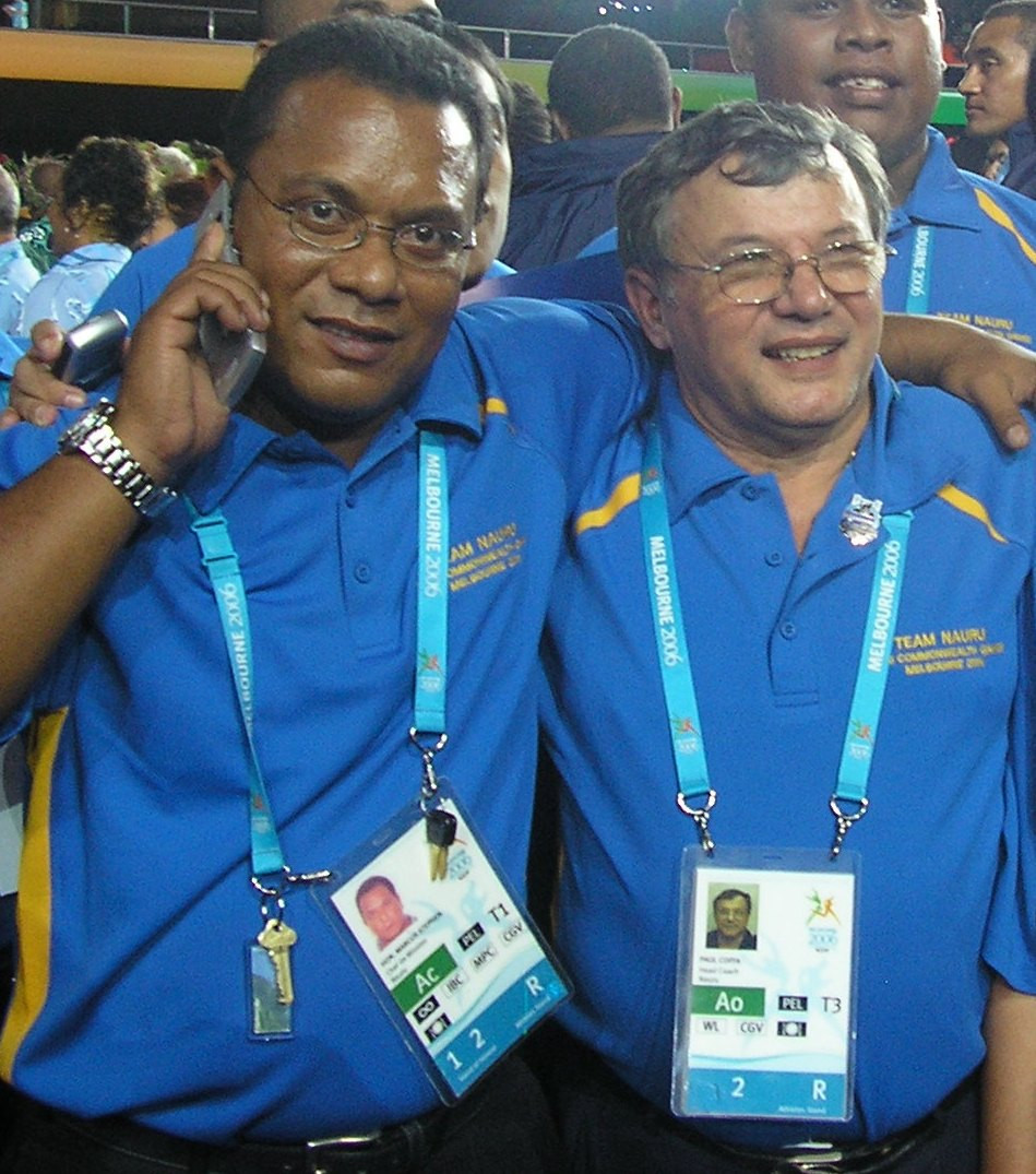 Marcus Stephen, left, was elected President of Nauru in 2007, having been coached to Commonwealth glory by Paul Coffa, right ©Paul Coffa