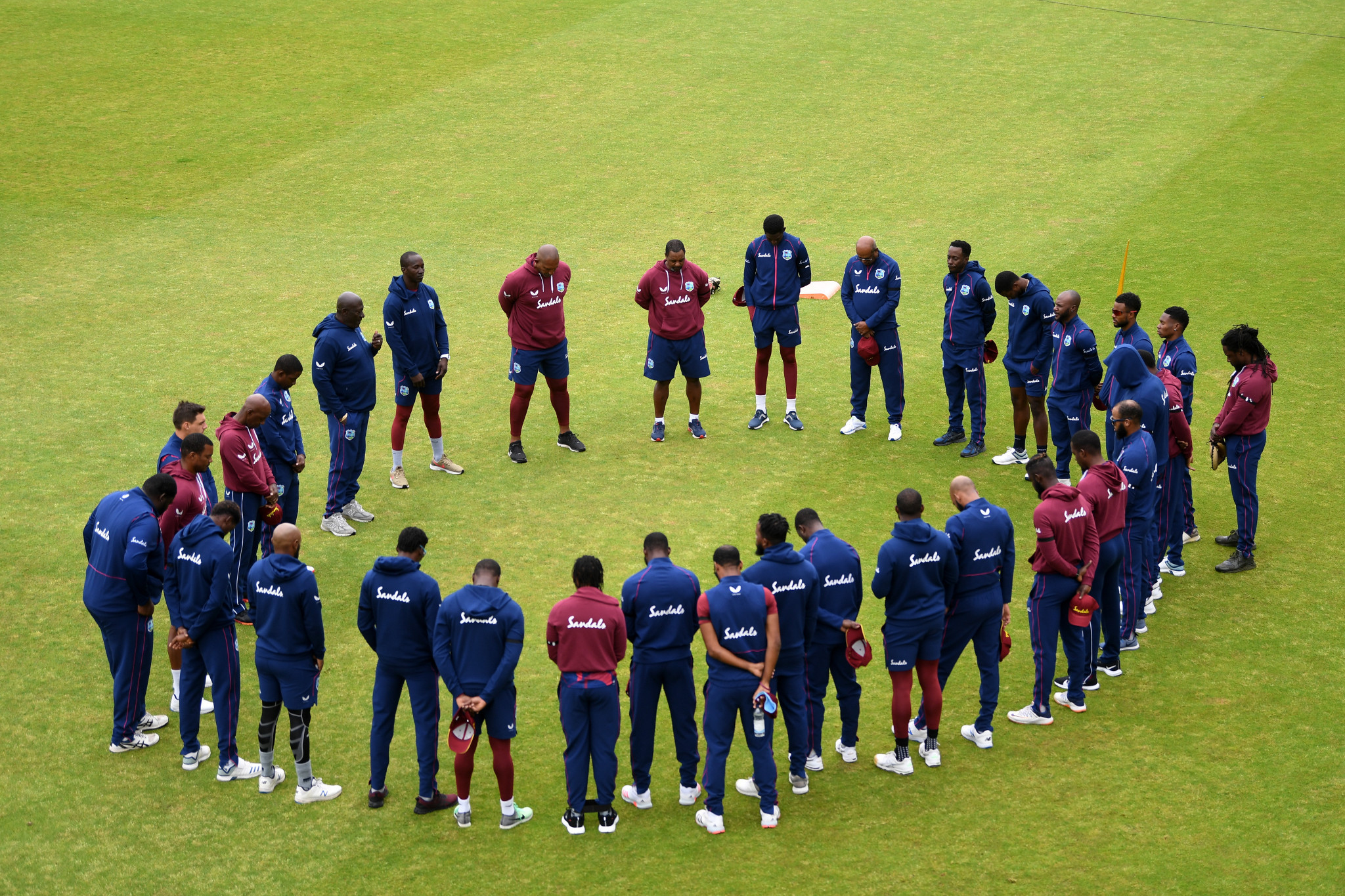 West Indies players and staff held a moment of silence before a warm-up match in honour of Sir Everton Weekes ©Getty Images