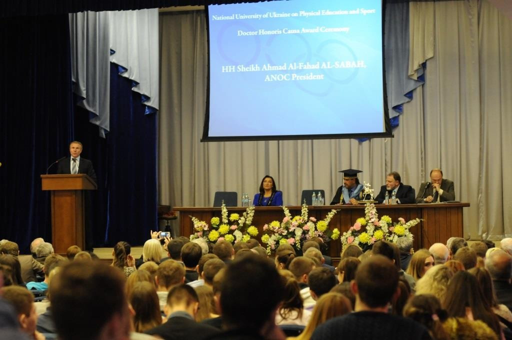 Sergey Bubka speaking alongside the likes of Sheikh Ahmad Al-Fahad Al-Sabah during the ceremony ©ANOC