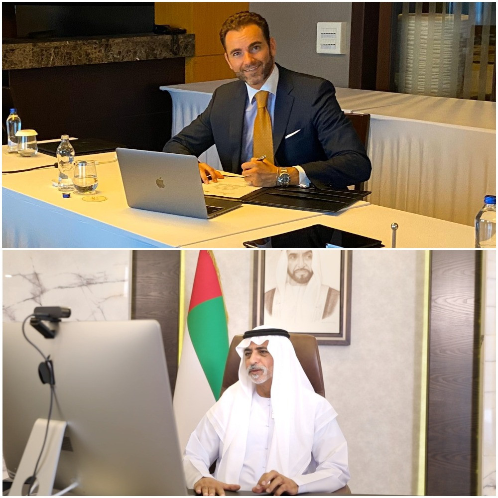 IESF President  Vlad Marinescu, in Budapest, and UAE Minister for Tolerance and Coexistence Sheikh Nahayan Mabarak Al Nahyan, in Abu Dhabi, signed the Memorandum of Understanding today a virtual ceremony ©IESF