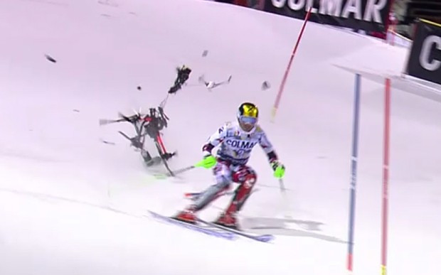 Austria's Marcel Hirscher narrowly avoided serious injury when a drone crashed behind him ©Eurosport