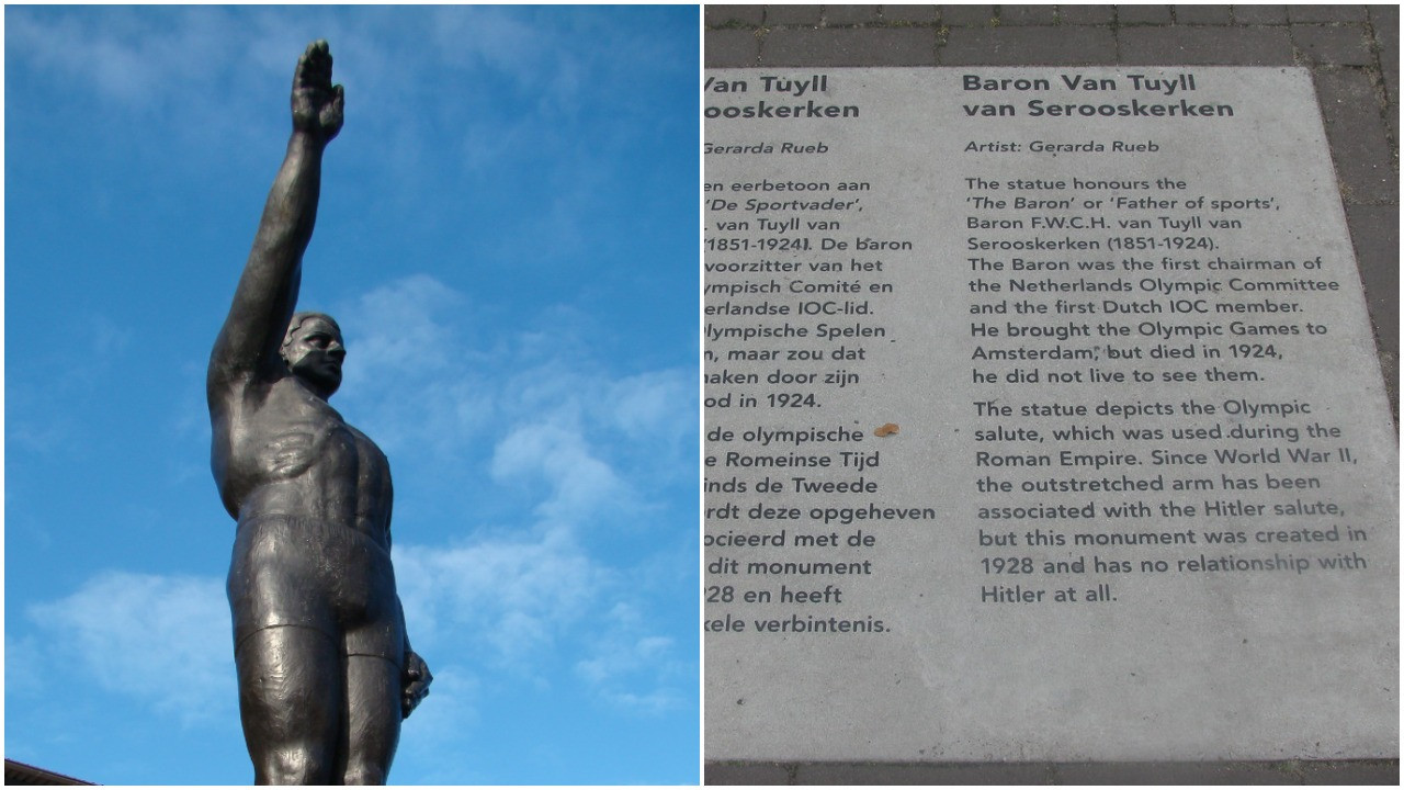For several years a plaque giving an explanation as to why the athlete has his right arm outstretched has been included alongside the statue which was created by Gerarda Rueb ©Flickr and Wikipedia
