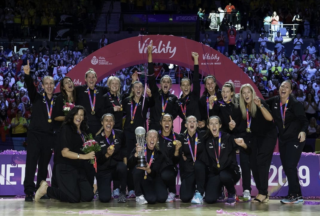 Laura Langman, centre with trophy, led New Zealand to victory at the Netball World Cup in Liverpool last year ©Getty Images