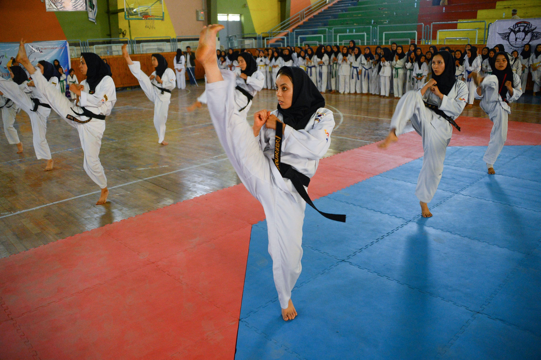 Afghan women take part in a taekwondo training session at a gym in Herat ©Getty Images