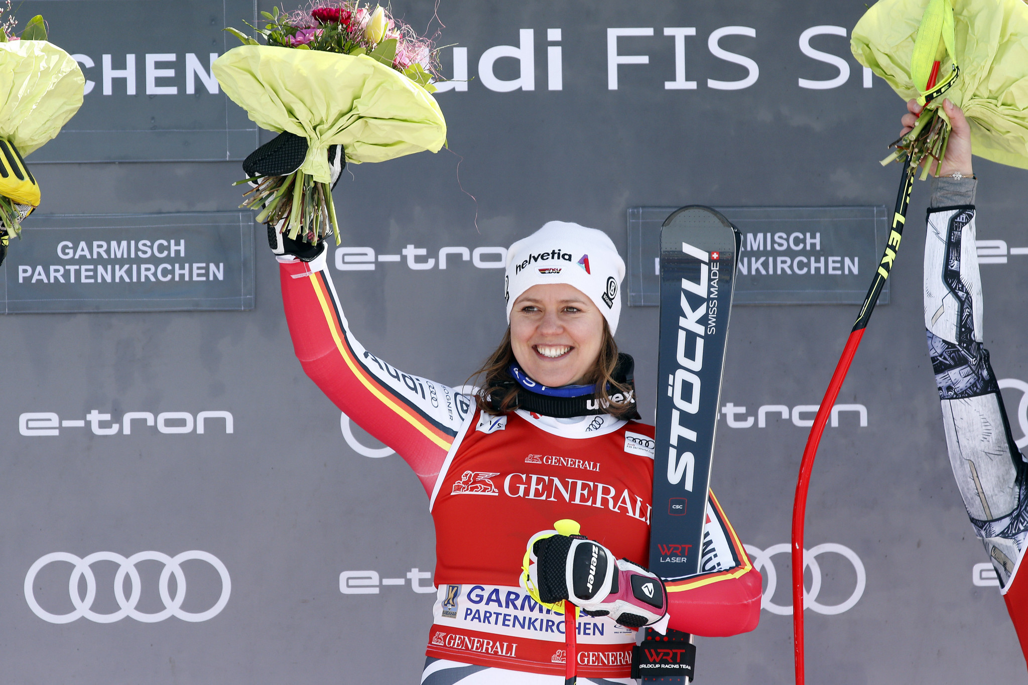 Viktoria Rebensburg celebrates after winning the FIS Alpine Ski World Cup downhill in Garmisch Partenkirchen ©Getty Images