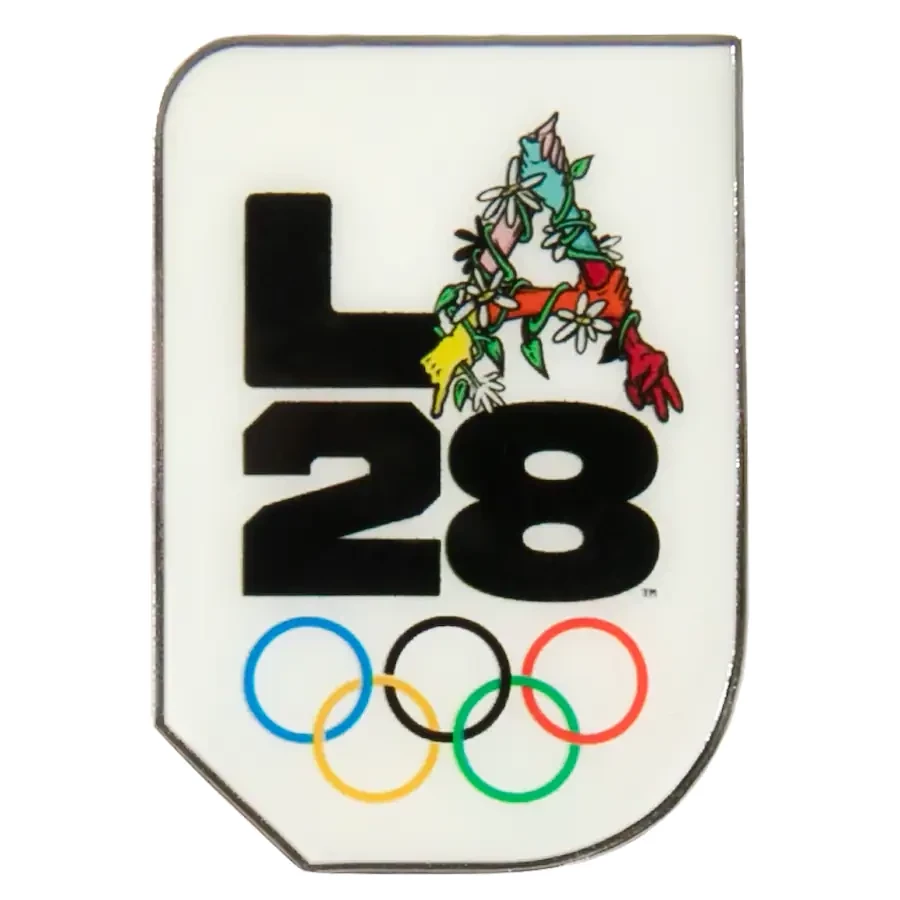 A new pin badge designed by streetwear artist Bobby Hundreds is among six now available following the launch of the Los Angeles 2028 emblem ©LA28