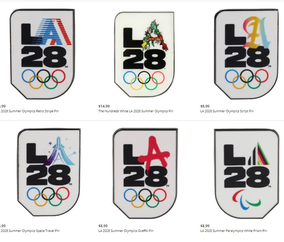 There are a total of six new pins, each featuring a different Los Angles 2028 logo, now available ©LA28 