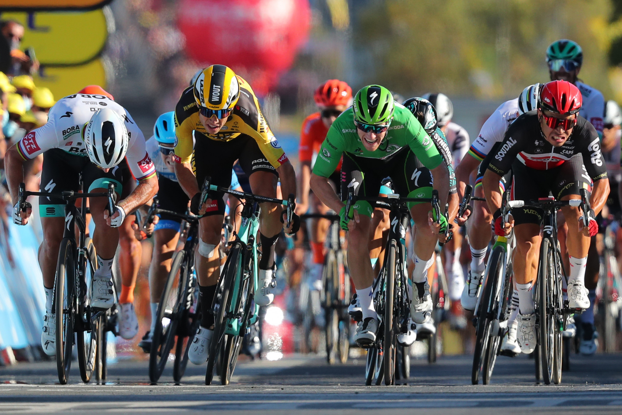 Peter Sagan, left, moments before shoulder barging Wout van Aert, second from left, in the final sprint ©Getty Images