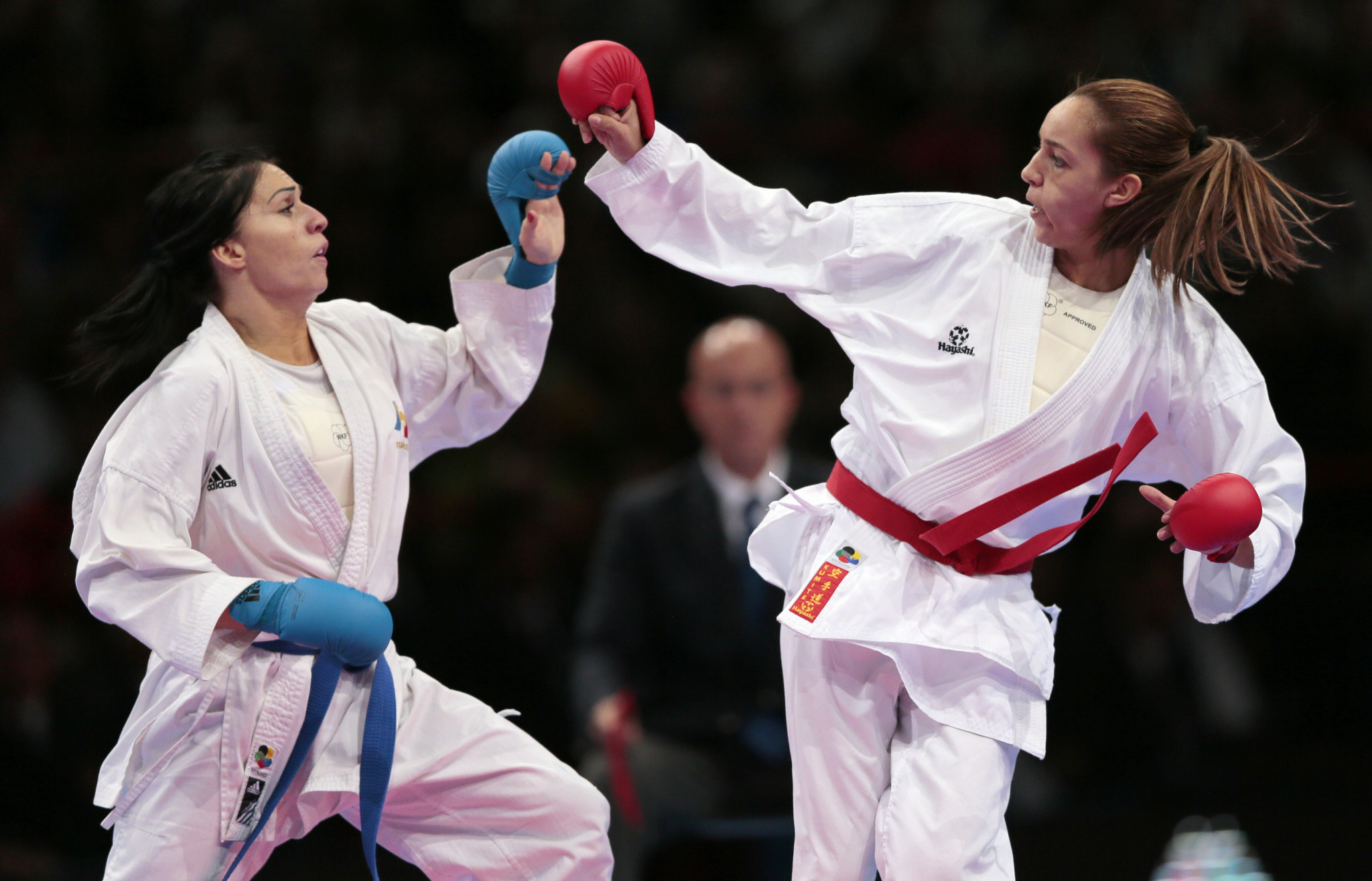 Boutheina Hasnaoui, right, won silver at the 2012 World Karate Championships in Paris ©Getty Images