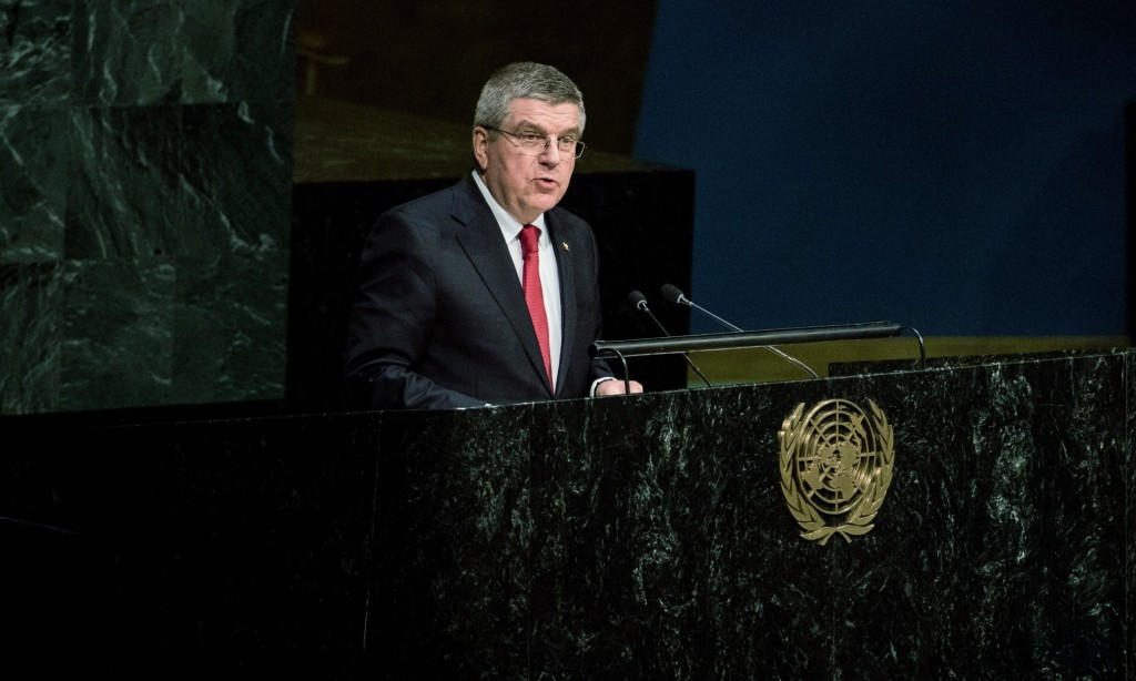 International Olympic Committee President Thomas Bach last year addressed the United Nations in New York ©Getty Images