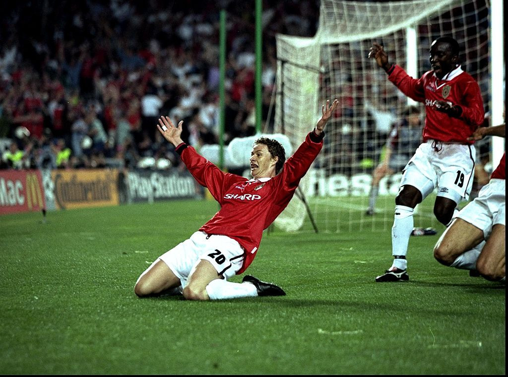 Ole Gunnar Solskjaer celebrates scoring the goal in injury time that earned Manchester United a 2-1 win over Bayern Munich in the 1999 Champions League final ©Getty Images