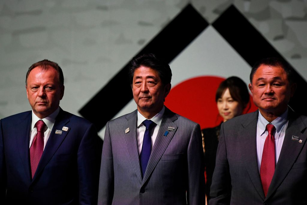 IJF President Marius Vizer, left, had discussed the situation regarding the Tokyo Grand Slam with Yasuhiro Yamshita, far right ©Getty Images