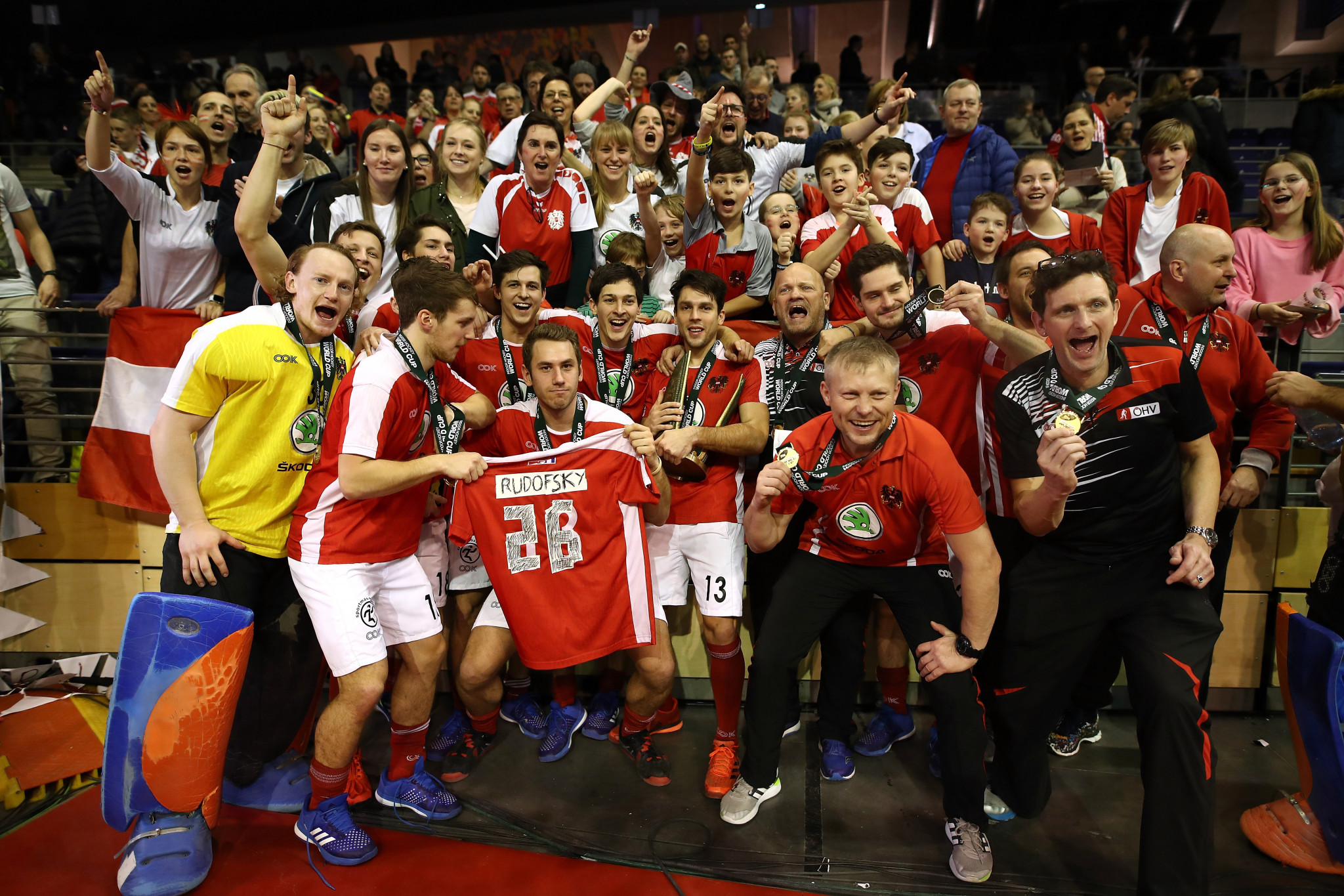 Austria celebrate after winning the 2018 Indoor Hockey World Cup in Berlin with victory over hosts Germany ©Getty Images
