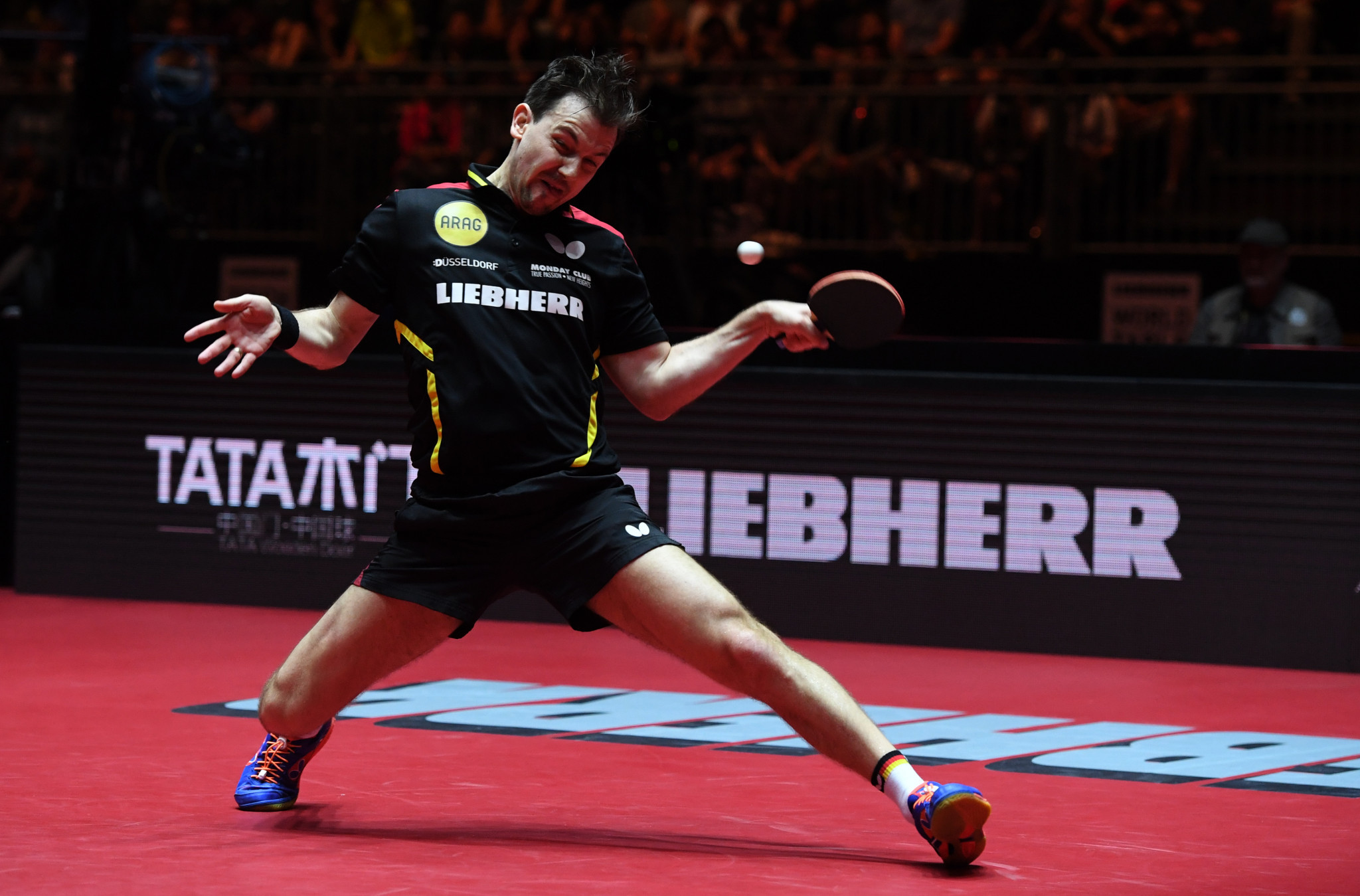 Germany's Timo Boll in action during the 2017 World Championships in Düsseldorf - the last time it was held in the German city ©Getty Images