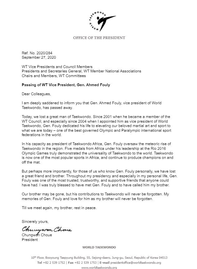 World Taekwondo President Chungwon Choue has written to members of the organisation to inform them of Ahmed Fouly's death ©World Taekwondo
