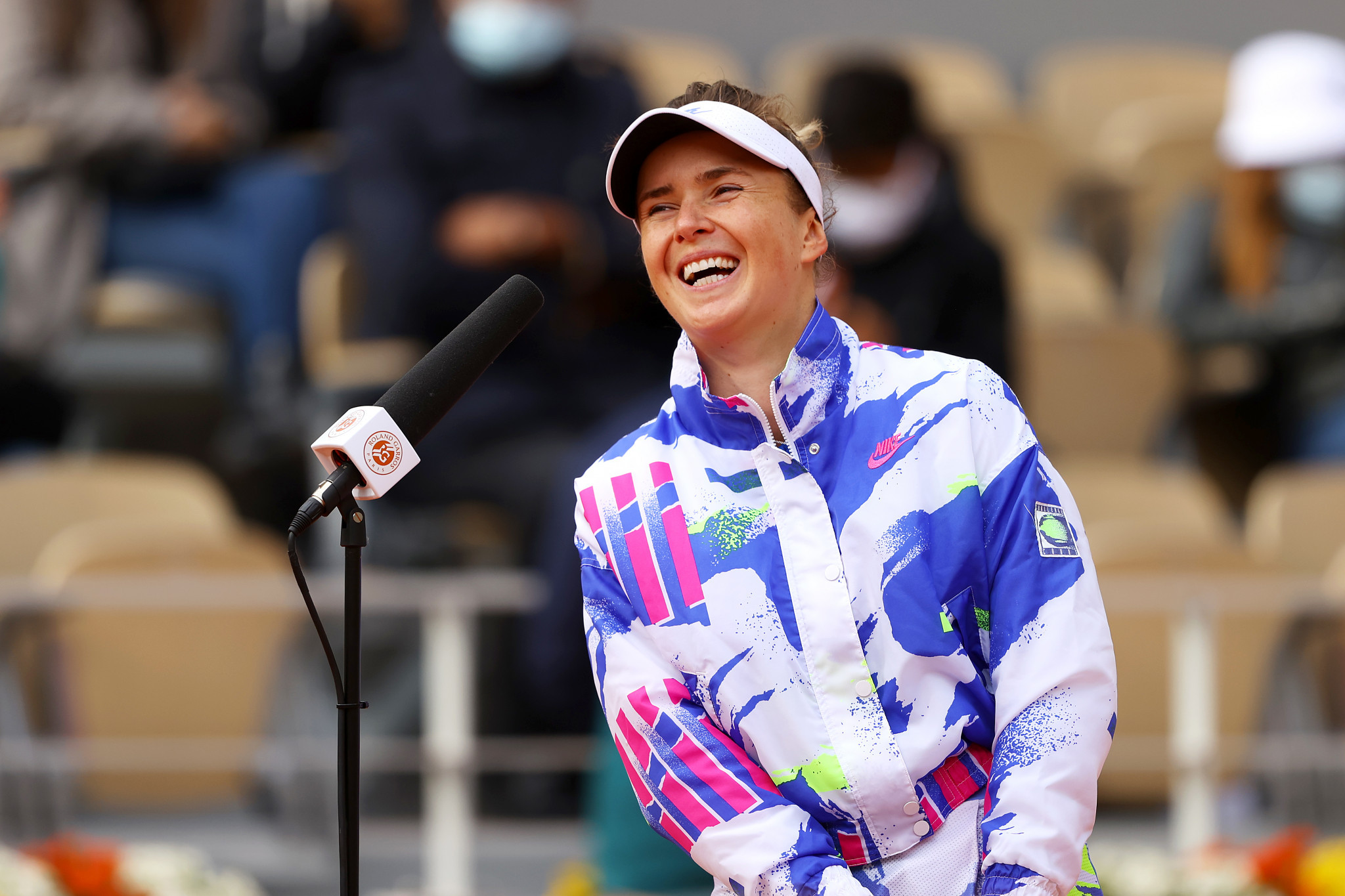 Third seed Elina Svitolina enjoys a giggle during her post-match interview after reaching the quarter-finals ©Getty Images