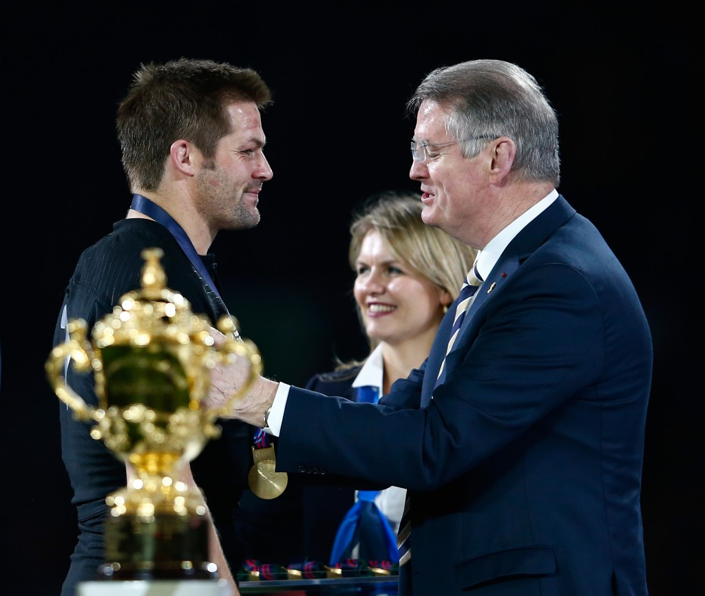 It remains unclear whether Bernard Lapasset, pictured here congratulating Richie McCaw on New Zealand's 2015 Rugby World Cup success, will run for a third term as World Rugby chairman