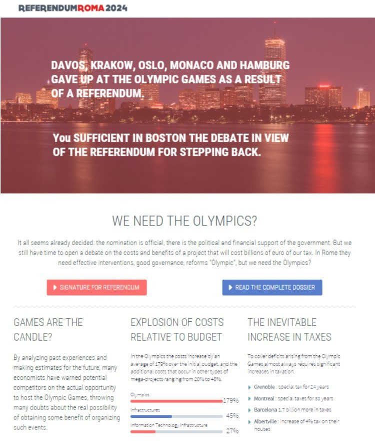 The home page of the new website calling for a referendum on Rome 2024 ©Referendum Roma 2024