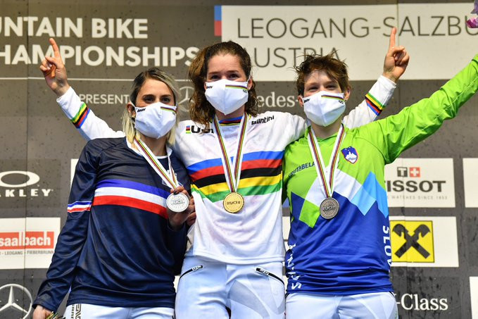 Camille Balanche won the women's downhill title on the final day of the Championships in Austria ©Twitter/UCI_MTB